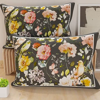 Image de PETTI Artigiani Italiani Lot de 2 Taies d&#039;Oreillers 80x40 cm 100% Microfibre Hypoallergénique, Housse Oreiller Rectangulaire Floral Noir, Paquet 2, Fabriqué en Italie