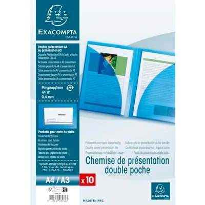 Image de Exacompta Réf. 3967E 1 chemise de présentation double poche en polypropylène semi rigide pour format A4 et/ou A3 dimensions 24 x 32 cm porte étiquette couleur cristal