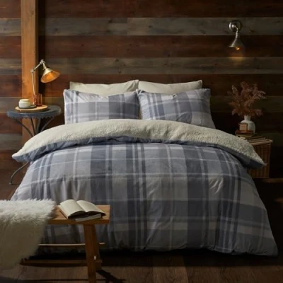 Image de Fusion Housse de Couette en Polaire à Carreaux Gris Parure lit Super King Size (260 x 220 cm) Design réversible Bleu Flanelle Bleue avec Ours
