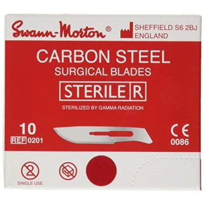 Image de Swann Morton lames en acier au carbone, jetables, stériles, taille no. 10, 100 emballées individuellement dans une feuille de métal