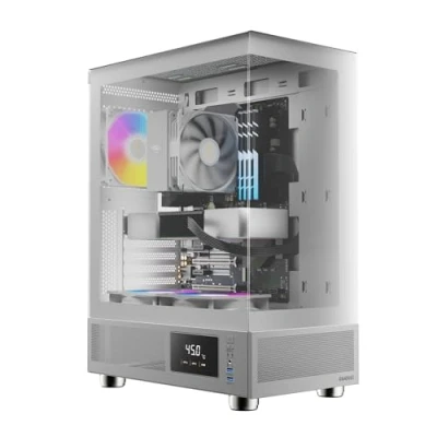 Image de GAMDIAS Atlas E1 Boîtier PC Gamer ATX Tour Moyenne, Moniteur en Temps réel, Pré Installation de 3 Ventilateurs ARGB 120 mm, Verre trempé sans Cadre, Évents latéraux à Fort débit d&#039;air, Blanc