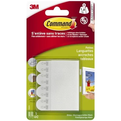 Image de Command Languettes Accroches Tableaux, Petit Modèle, 4 x 2 Languettes, 1,8 kg, Blanc sans Outils Fixation Dommage