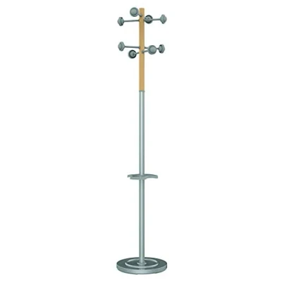 Image de UNILUX Accueil Portemanteau sur Pied à Tête tournante avec 8 Patères Porte parapluies et Egouttoir 175 x 34 cm métal/Bois, Acier, Gris Hetre