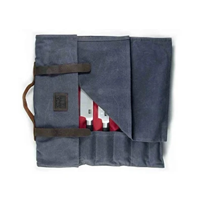 Image de KOTAI Étui à Couteaux Sac de Rangement (jusqu&#039;à 7 couteaux) Toile cirée Ultra résistante Poignées et Lanières en Cuir Pochette avec Fermeture Éclair Sécurisée Fabriqué la Main