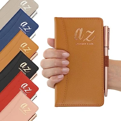 Image de Carnet d&#039;adresses A Z avec couverture rigide fine pour adresses et stylo, onglets alphabétiques (brun clair)
