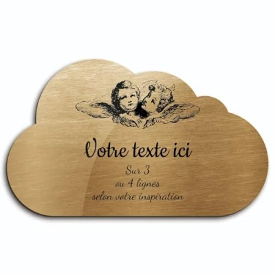 Image de Plaque gravée funéraire motif Deux têtes d&#039;anges autocollante modèle nuage (20x12 cm) personnalisée 1 à 3 lignes Or Brossé