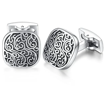 Image de HONEY BEAR Rétro modèle Sculpté Boutons de Manchette pour Hommes Acier Inoxydable brossé, Mariage d&#039;affaires Argent avec Noir (Carré)