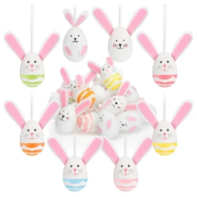 Image de com four® 18x Oeufs de pâques à Suspendre décoration en Forme Lapin (Jaune. Vert. Orange. Blanc. Violet)