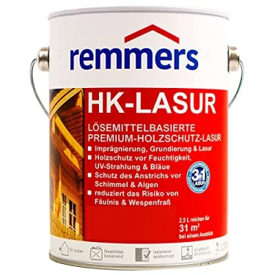 Image de Remmers Lasure HK Blanc, 2,5 litres, bois Premium, décorative, solvantée, pour l&#039;extérieur. Triple protection avec imprégnation, primaire, lasure.
