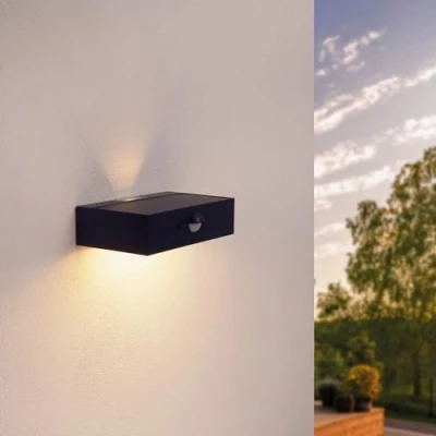 Image de Ledvion Applique solaire avec capteur de mouvement moderne, noir, 3 W, 3000 K, IP65 étanche et 220 lumens, détection interrupteur crépusculaire, efficacité énergétique