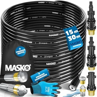 Image de MASKO® Débouche canalisation premium kit de débouchage 200 bars, sac 3 adaptateurs 2 buses + système rotatif inclus compatible avec le nettoyeur haute pression Kärcher k2 k7 LAVOR universel, 15m