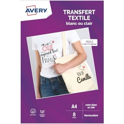 Image de AVERY 8 Transferts Personnalisables pour Textiles Blancs ou Clairs Format A4 Impression Jet d&#039;Encre