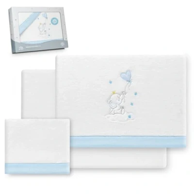 Image de Interbaby Parure de lit 100% Polyester, avec Drap Housse, Plat et taie d&#039;oreiller, idéal pour l&#039;hiver Motif éléphant en Forme cœur Blanc/Bleu