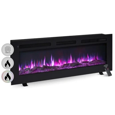 Image de BALDERIA Cheminée électrique Leif 50&quot; Foyer Mural avec Effet de Flammes 3D Chauffage 2000W, éclairage LED encastrable télécommande, minuteur &amp; Thermostat Noir