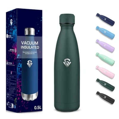 Image de Gourde, 500 ml Sans BPA, Gourde Isotherme, Isolation Sous Vide à Double Paroi, Bouteille 304 Acier Inoxydable, Inoxydable pour École, Voyage, Marcher, Jogging Vert kaki
