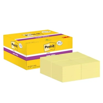Image de Post It Boîte de 24 Notes repositionnables Super Adhésif 90 feuilles Jaune