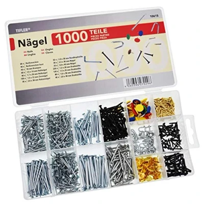 Image de Lot de 1000 clous et pointes, 14 sortes tailles différentes dans une boîte rangement