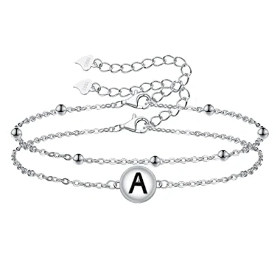 Image de J.MUEN Bracelet Femme Initiale Argent Sterling 925 Double Chaînes avec Boules et Zircones Réglable Lettres D&#039;amitié Bijoux Cadeau d&#039;anniversaire de Maman Femmes