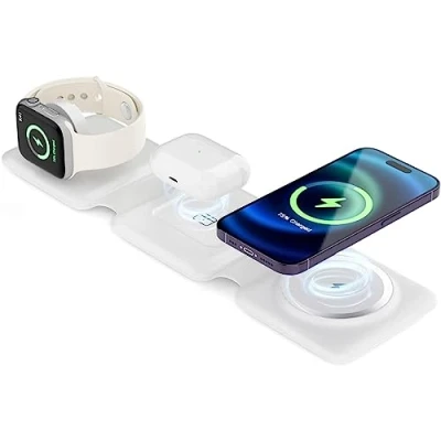 Image de Tiergrade 3 en 1 Chargeur sans Fil pour appareils Apple Multiples, Station de Charge magnétique Pliable, Voyage iPhone 15/14/13, AirPods 3/2/Pro/Pro2, iWatch(Adaptateur Inclus) Blanc
