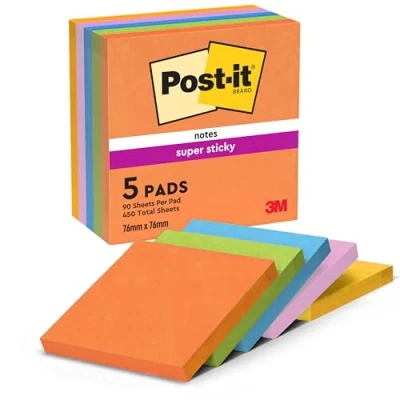Image de Post it Super Sticky Notes, Couleeur Carnival, Pack Promo de 8 + 4 Blocs Gratuits, 90 Feuilles par Bloc, 76 mm x mm, Jaune, Bleu, Vert, Rose, Orange Notes Adhésives pour Prise