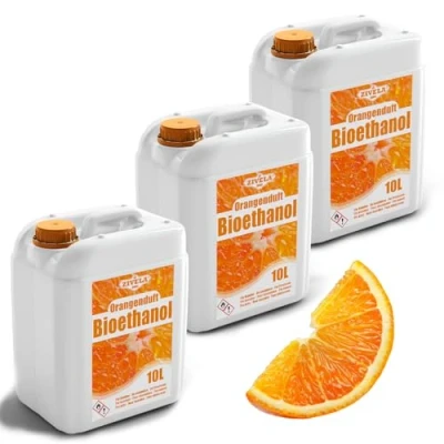 Image de bioéthanol 96,6 % 30 l Alcool bio Parfum orange 3 x 10 pour cheminée, cheminée de table, au Combustion propre, sans fumée, flamme vive et