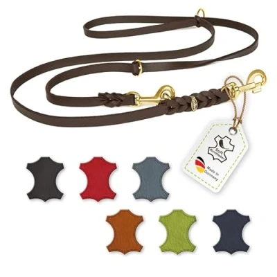 Image de CopcoPet Laisse en cuir gras pour chien réglable sur 3 positions souple avec mousquetons et ferrures laiton tressée 100 % fabriquée à la main Allemagne (3,50 m x 10