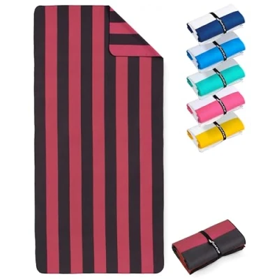 Image de Fit Flip Serviette de Plage Microfibre Fine et légère à séchage Rapide Drap XXL 100% recyclée rayé Bordeaux Gris foncé 200cm x 90cm