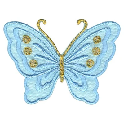Image de Petit écusson papillon bleu clair à repasser ou coudre Thermocollant pour vêtements Écusson brodé Motif Dimensions : 5,2 x 3,7 cm