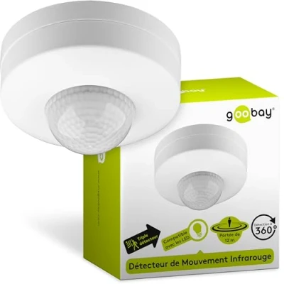 Image de Goobay 96007 Détecteur de mouvement infrarouge pour plafond Capteur PIR à 3 positions Zone détection 360 Portée 6 m Compatible avec les LED IDA IP20