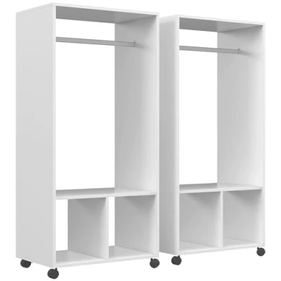 Image de HOMCOM Lot de 2 portants à vêtements penderie mobile avec roulettes niches + grand espace en bois blanc