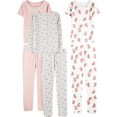 Image de Simple Joys by Carter&#039;s 6 Piece Snug Fit Cotton Pajama Set Ensemble de Pijama, Blanc Fraises/Gris Fleuri/Rose Rayures, Ans (Lot 3) fillles