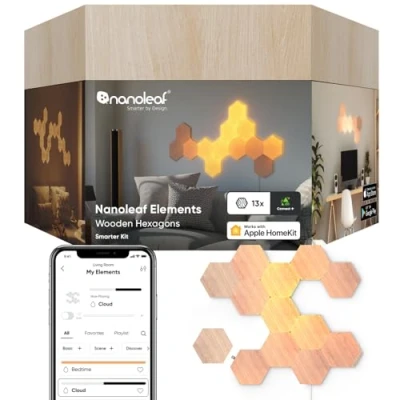 Image de Nanoleaf Elements Kit de Démarrage, 13 Panneaux LED Connectés Effet Bois Appliques Murales Luminaires Intérieur Hexagonales Modulaires Variables Wi Fi, Compatible Alexa, pour Salon Chambre Bureau