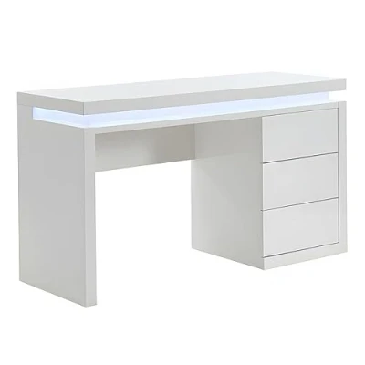 Image de Vente unique Bureau Emerson 3 tiroirs MDF laqué Blanc LEDs avec Rangement