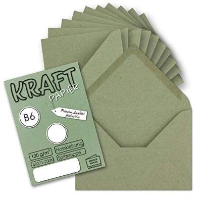 Image de Gustav Neuser Lot de 100 enveloppes vintage vert foncé (vert) DIN B6 125 x 178 mm Papier kraft recyclé 120 g/m² Rabat pointu