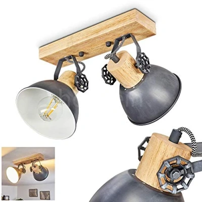 Image de Plafonnier Orny en bois et métal gris bleu, 2 spots de plafond orientables, luminaire rétro, style industriel, pour ampoules E27, ampoule(s) non incluse(s)
