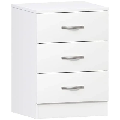Image de Vida Designs Table de chevet blanche à 3 tiroirs, poignées et glissière en métal, argenté, 47 x 46,5 40,5 cm