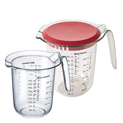 Image de Westmark Set de 2 Pièces, Pichets gradués 0,5 L et 1 avec Couvercle , Graduations multilingues, plastique, Transparent/Rouge, 306622E6