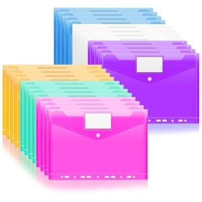 Image de Pochette classeur A4, Mezzar 24 Pcs Chemise Plastique A 4, Transparent Pochettes Perforées A4 avec Rabat Fermeture à Pression et Etiquette pour Documents, Papier, Cartes (Coloré)