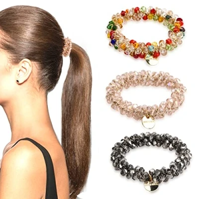 Image de Laughhe Lot de 3 Chouchous Élastiques à cheveux avec Perles, Cristal pour Femmes Strass, Porte queues cheval Attaches Fille