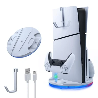 Image de Mcbazel Support Chargeur Vertical PS5 Slim avec Lumière d&#039;Ambiance LED, Base de Chargement Rapide pour Deux Manettes Accessoires Crochet Casque Playstation 5 DE/UHD Console Blanc