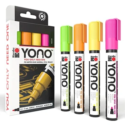 Image de Marabu 1240000004000 YONO Lot de 4 marqueurs fluo en acrylique polyvalents avec pointe ogive japonaise 1,5 à 3 mm, base d&#039;eau, résistants la lumière et l&#039;eau, pour presque toutes les surfaces
