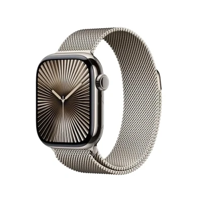 Image de Apple Watch Series 10 (GPS + Cellular 42 mm) Smartwatch mit Titangehäuse in Natur und Milanaise Armband (One Size). Fitnesstracker, EKG App, Always on Retina Display, CO₂ Neutral