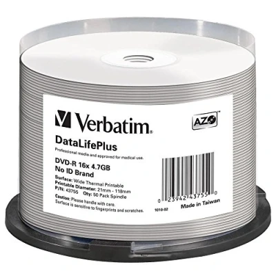 Image de DVD R VERBATIM 43755 50 supports 4.7 Go 16x Spindle Impression thermique large blanche