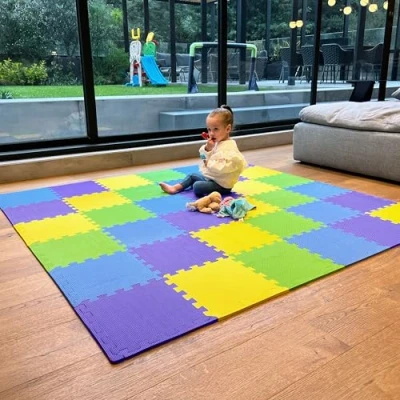 Image de MioTetto Tapis de Jeu Doux et Non Toxique pour bébé Puzzle coloré 16 + 2 carrés Bonus Sol en Mousse Enfants bébés Dalles emboîtables EVA, Cobalt Abricot pin Or,