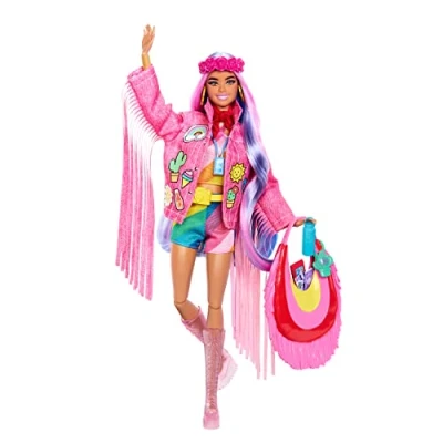 Image de Barbie Poupée Mannequin Extra Fly Articulée avec Ensemble À Imprimé Animal Pailleté Rose Et Bottines Dorées, Inclus 15 Accessoires, Jouet Enfant, A Partir De 3 Ans, HPT48