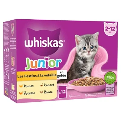 Image de WHISKAS Repas pour Chaton 48 Sachets Fraîcheur (Lot de 4 Packs 12x85g) Festins à la Volaille (4 variétés) Pâtée Chat Junior en Gelée. Nourriture Humide Complète une Croissance Saine