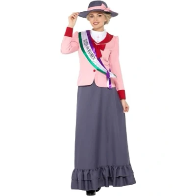 Image de Smiffys Déguisement de suffragette victorienne luxe, Gris et rose, Avec la robe, l&#039;écharpe le chapeau