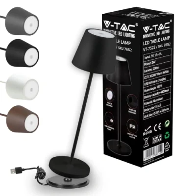 Image de V TAC Lampe de Table sans Fil LED Dimmable avec Commandes Tactiles Élégante Noire pour Intérieur et Extérieur IP54 Maison, Restaurant, Bureau 4400 mAh Lumière Blanc Chaud 3000K