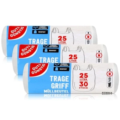 Image de Gut &amp; Günstig Lot de 30 sacs poubelle pour poignée transport 25 l (3 x pièces) indéchirables et étanches aux liquides