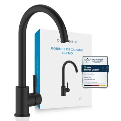 Image de Bächlein robinet de cuisine Gleno (noir mat) d&#039;évier à une main en acier inoxydable avec bec pivotant 360 , version extra massive